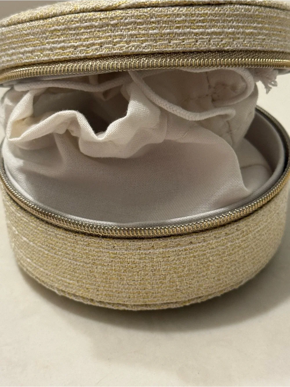 Christian Dior Vanity Pouch Jewelry case Gold Tweed Round NIB Holiday 2024
